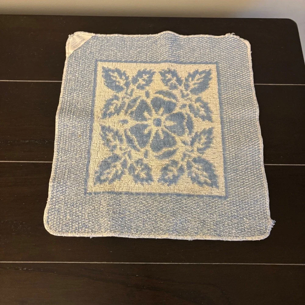 Vintage Martex Washcloths | Set of 2 | Blue White Floral Damask | Cotton | USA